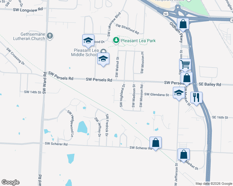 map of restaurants, bars, coffee shops, grocery stores, and more near 1425 SW Walnut St in Lee's Summit
