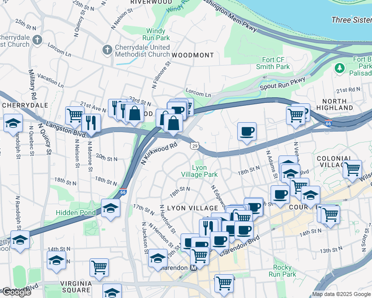 map of restaurants, bars, coffee shops, grocery stores, and more near 3111 20th Street North in Arlington