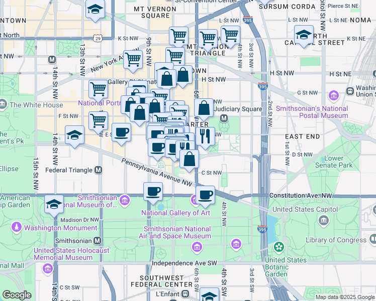 map of restaurants, bars, coffee shops, grocery stores, and more near 601 D Street NW in Washington