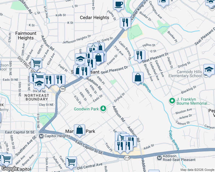 map of restaurants, bars, coffee shops, grocery stores, and more near 505 69th Place in Capitol Heights