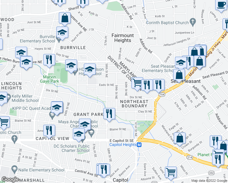 map of restaurants, bars, coffee shops, grocery stores, and more near 5820 Dix Street Northeast in Washington