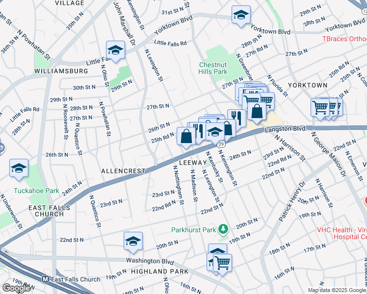 map of restaurants, bars, coffee shops, grocery stores, and more near 2501 North McKinley Street in Arlington