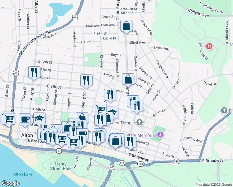 map of restaurants, bars, coffee shops, grocery stores, and more near 800 Ridge Street in Alton