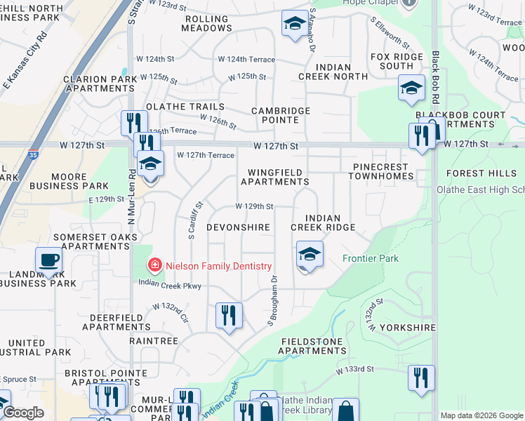 map of restaurants, bars, coffee shops, grocery stores, and more near 16003 West 129th Street in Olathe