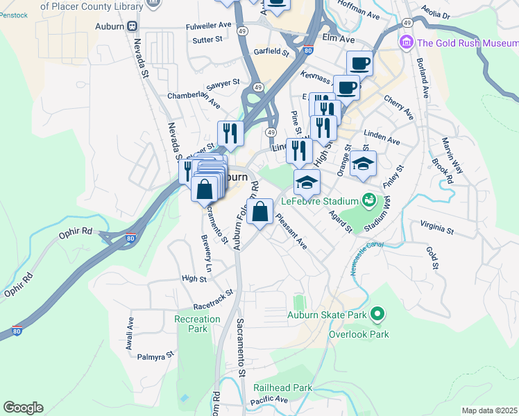 map of restaurants, bars, coffee shops, grocery stores, and more near 1230 High Street in Auburn