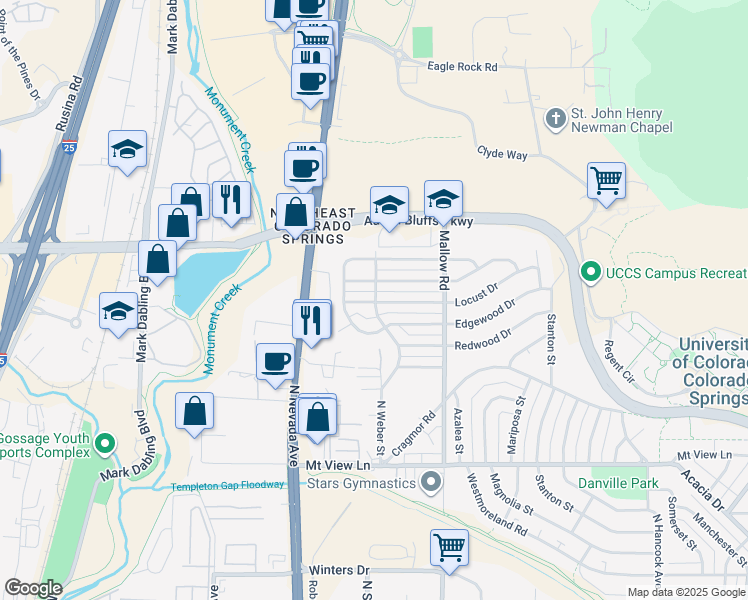 map of restaurants, bars, coffee shops, grocery stores, and more near 4600 North Weber Street in Colorado Springs