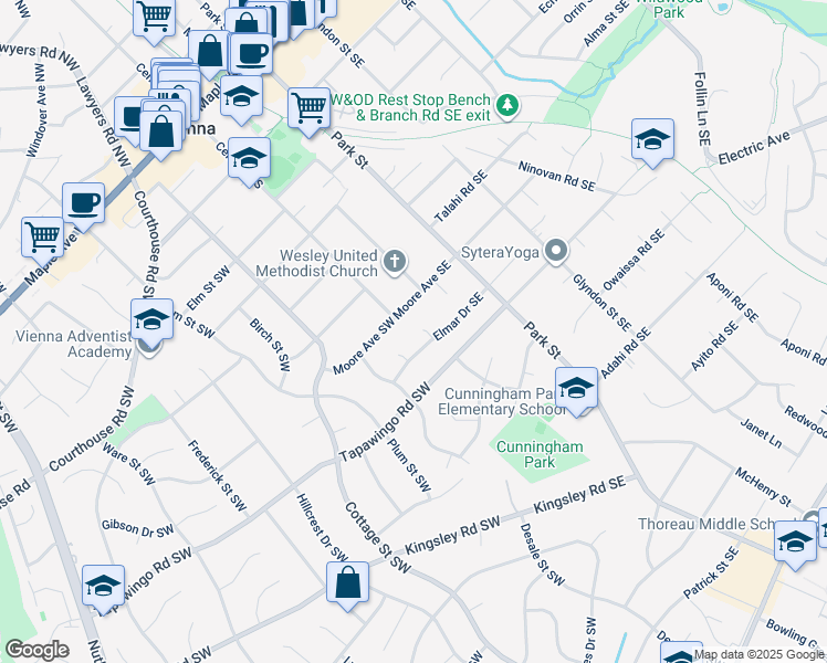 map of restaurants, bars, coffee shops, grocery stores, and more near 2 Elaine Circle Southeast in Vienna