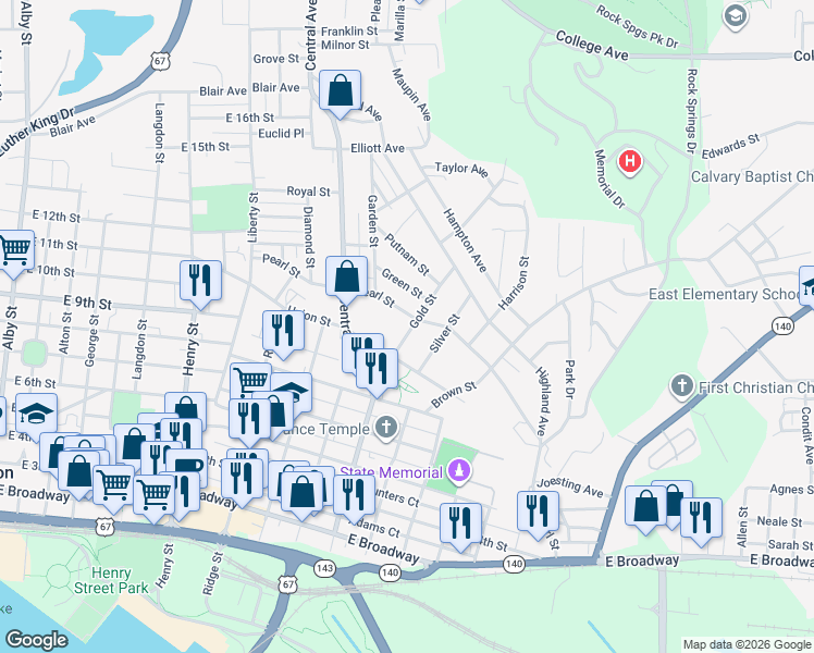 map of restaurants, bars, coffee shops, grocery stores, and more near 1131 Pearl Street in Alton