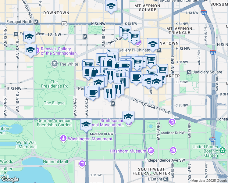 map of restaurants, bars, coffee shops, grocery stores, and more near Pennsylvania Ave NW & 12th St NW in Washington