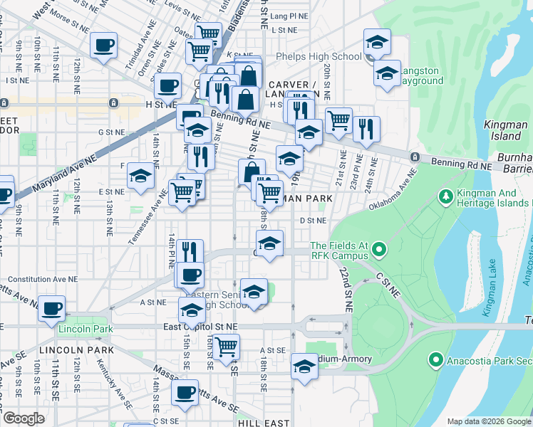 map of restaurants, bars, coffee shops, grocery stores, and more near 101 Independence Avenue Southeast in Washington