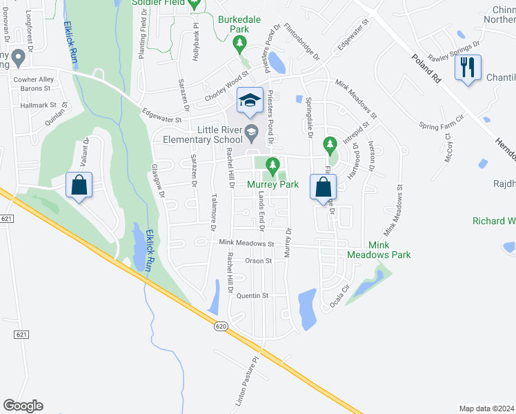 map of restaurants, bars, coffee shops, grocery stores, and more near 26113 Lands End Drive in Chantilly