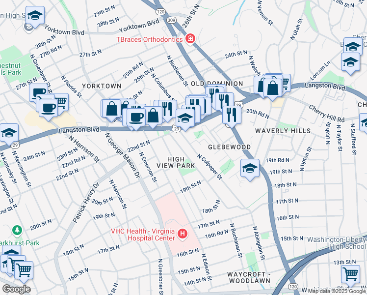 map of restaurants, bars, coffee shops, grocery stores, and more near 2029 North Cameron Street in Arlington