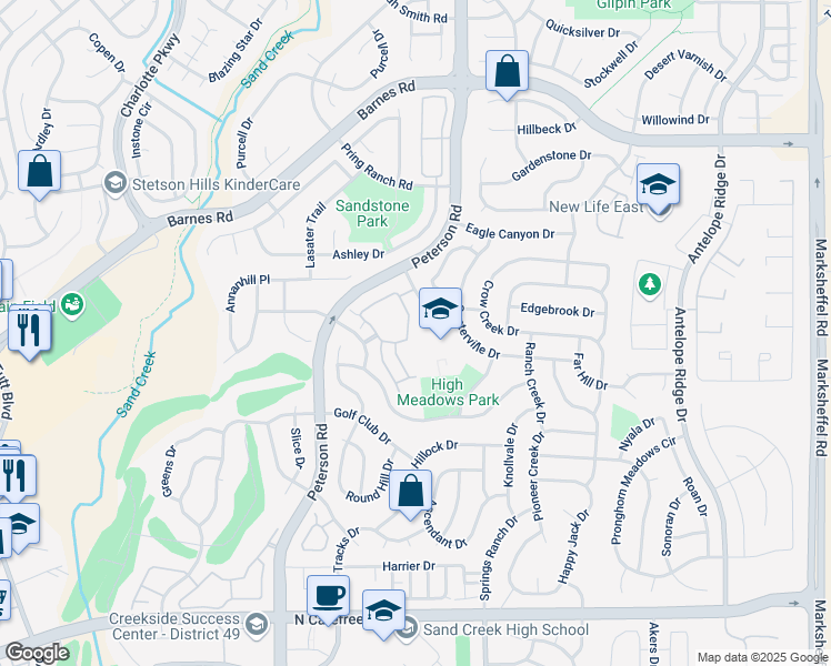 map of restaurants, bars, coffee shops, grocery stores, and more near 7144 Ash Creek Heights in Colorado Springs