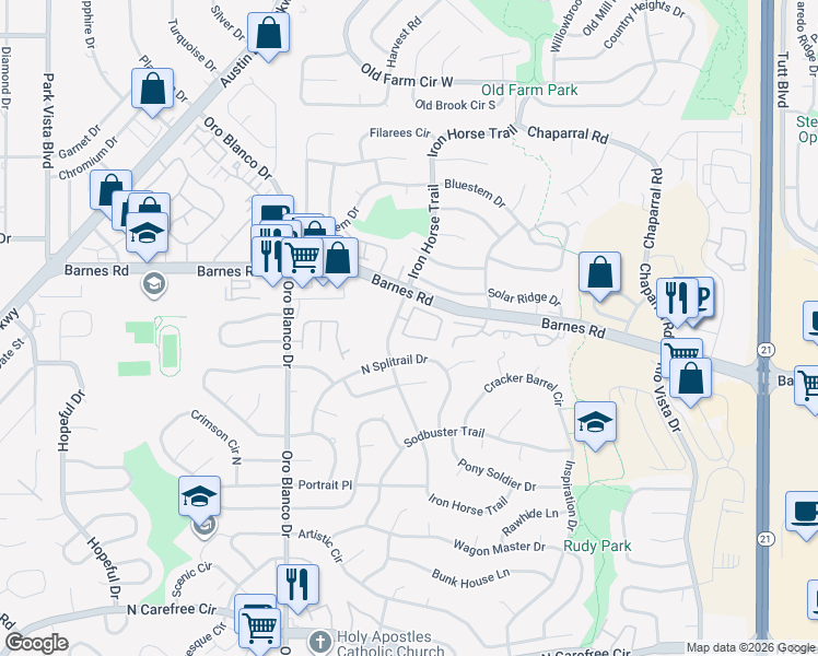 map of restaurants, bars, coffee shops, grocery stores, and more near 5014 Rainbow Harbour Circle in Colorado Springs