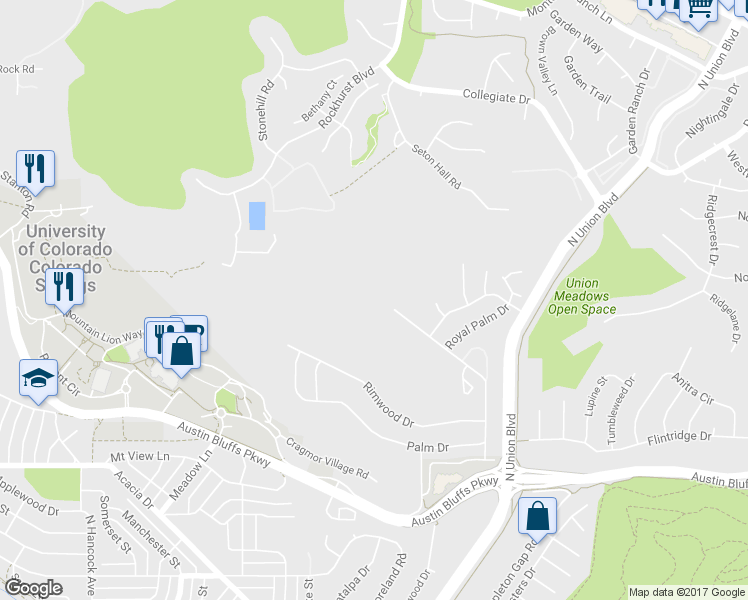 map of restaurants, bars, coffee shops, grocery stores, and more near 2270 Palm Drive in Colorado Springs