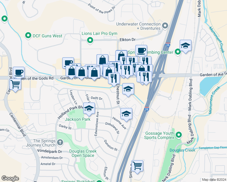 map of restaurants, bars, coffee shops, grocery stores, and more near 4432 North Chestnut Street in Colorado Springs