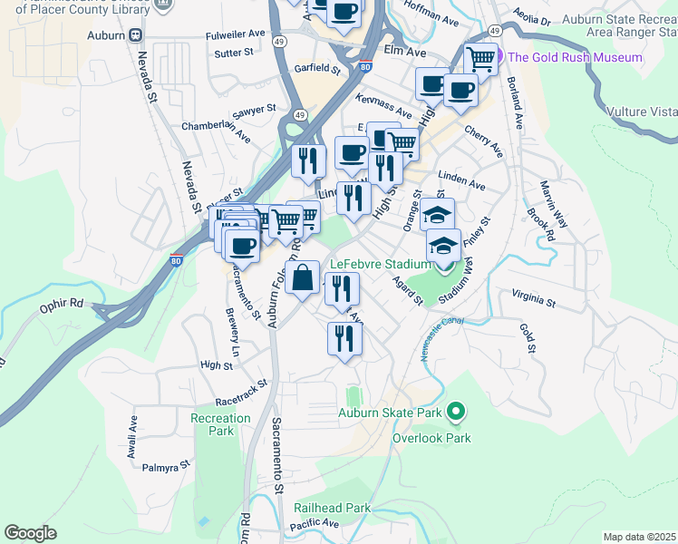 map of restaurants, bars, coffee shops, grocery stores, and more near 1223 High Street in Auburn
