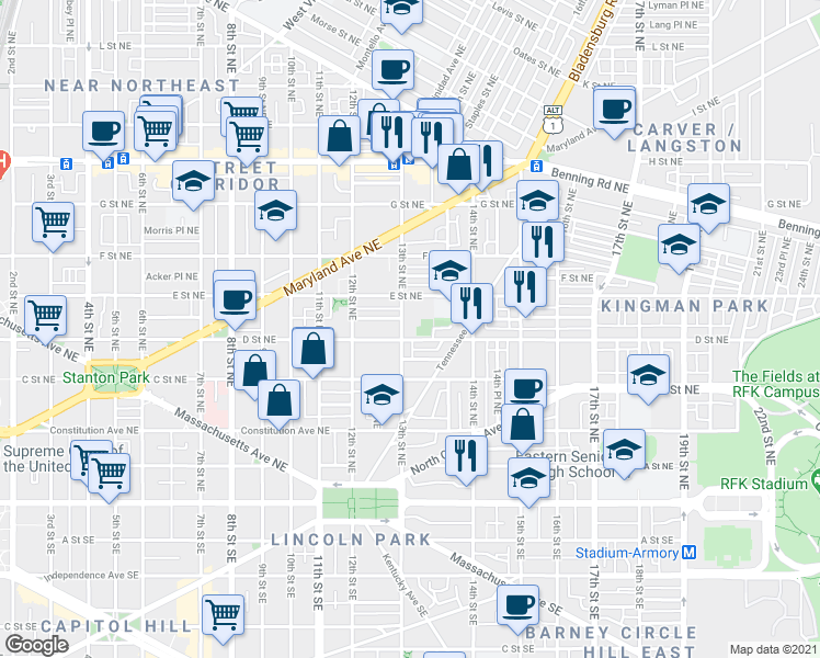 map of restaurants, bars, coffee shops, grocery stores, and more near 101 Independence Avenue Southeast in Washington