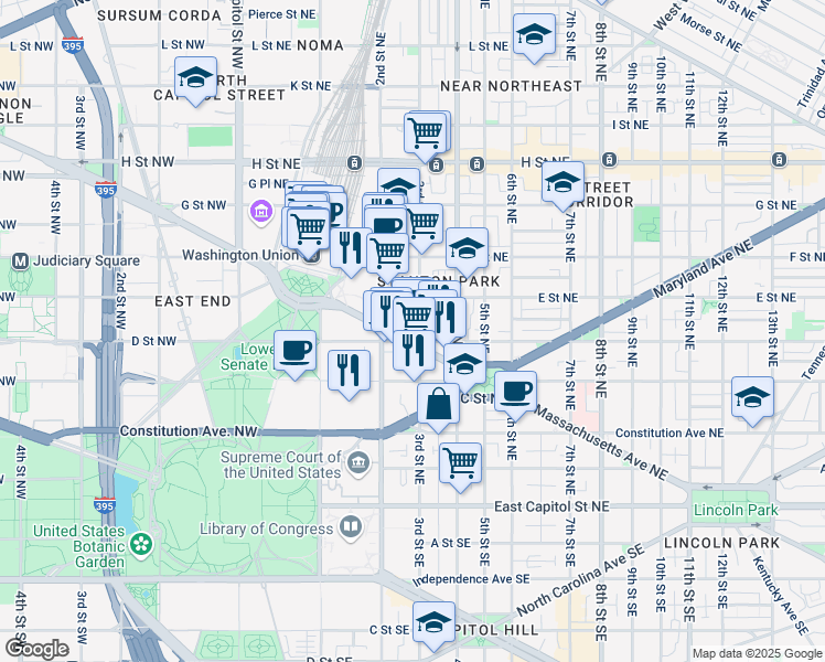 map of restaurants, bars, coffee shops, grocery stores, and more near 101 Independence Avenue Southeast in Washington