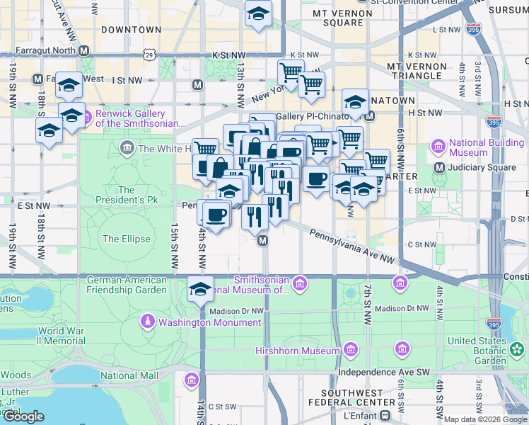 map of restaurants, bars, coffee shops, grocery stores, and more near 101 Independence Avenue Southeast in Washington