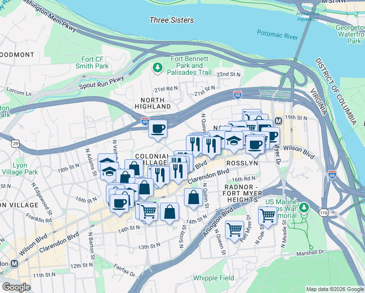 map of restaurants, bars, coffee shops, grocery stores, and more near 101 Independence Avenue Southeast in Washington