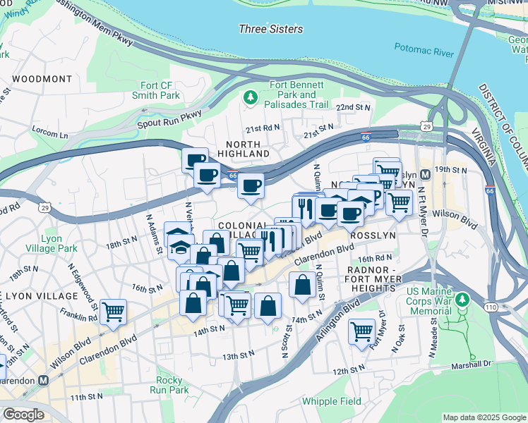 map of restaurants, bars, coffee shops, grocery stores, and more near 101 Independence Avenue Southeast in Washington