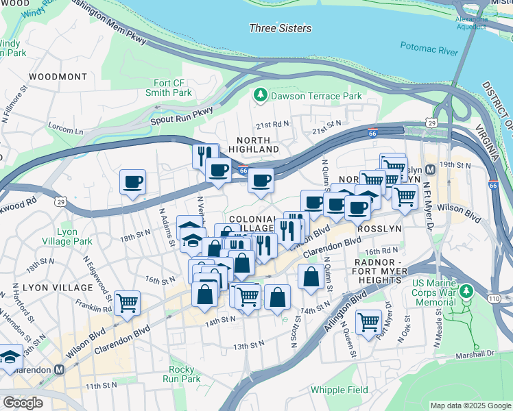 map of restaurants, bars, coffee shops, grocery stores, and more near 101 Independence Avenue Southeast in Washington