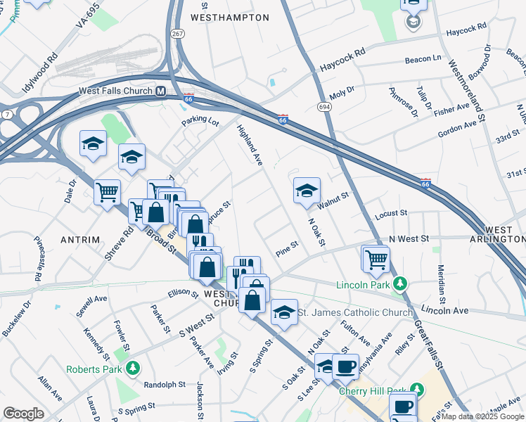 map of restaurants, bars, coffee shops, grocery stores, and more near 309 Sycamore Street in Falls Church