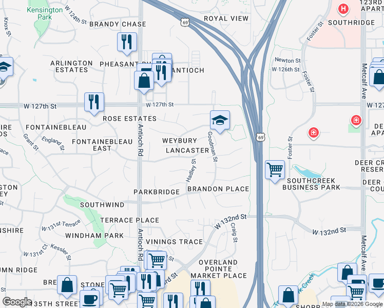 map of restaurants, bars, coffee shops, grocery stores, and more near 12801 Hadley Street in Overland Park