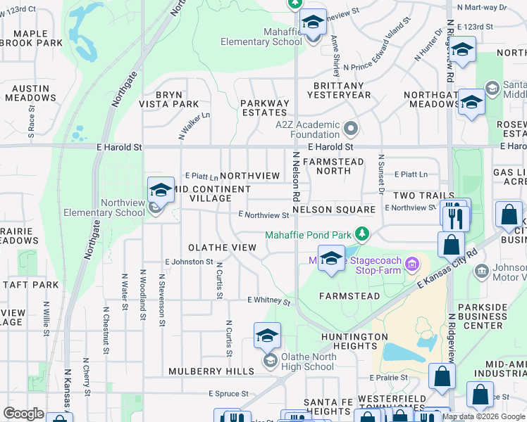 map of restaurants, bars, coffee shops, grocery stores, and more near 804 East Northview Street in Olathe