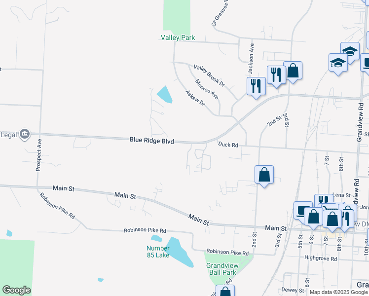 map of restaurants, bars, coffee shops, grocery stores, and more near 3601 Blue Ridge Boulevard in Grandview