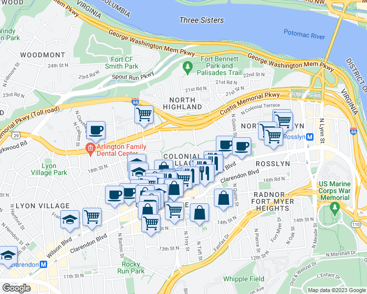 map of restaurants, bars, coffee shops, grocery stores, and more near 1811 Key Boulevard in Arlington