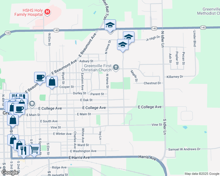 map of restaurants, bars, coffee shops, grocery stores, and more near 300 North Hena Street in Greenville