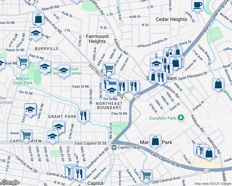 map of restaurants, bars, coffee shops, grocery stores, and more near 454 Eastern Avenue Northeast in Washington