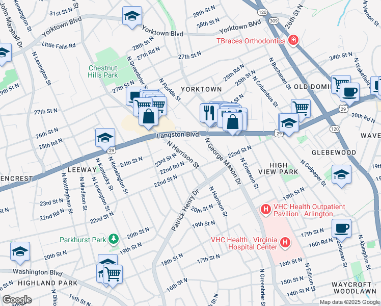 map of restaurants, bars, coffee shops, grocery stores, and more near 2217 North Harrison Street in Arlington