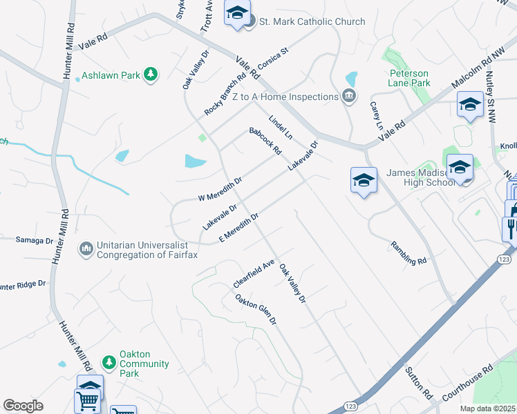 map of restaurants, bars, coffee shops, grocery stores, and more near 2526 East Meredith Drive in Vienna