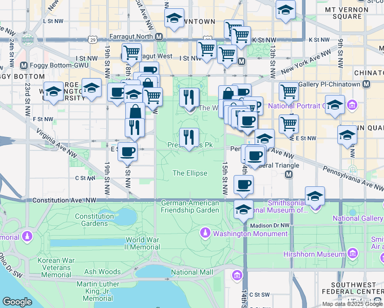 map of restaurants, bars, coffee shops, grocery stores, and more near 1600 E Street Northwest in Washington