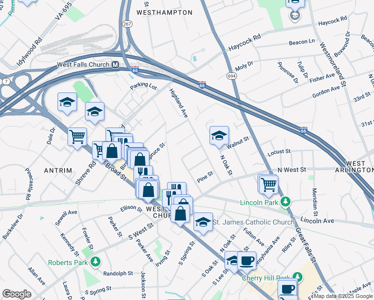 map of restaurants, bars, coffee shops, grocery stores, and more near 309 Sycamore Street in Falls Church