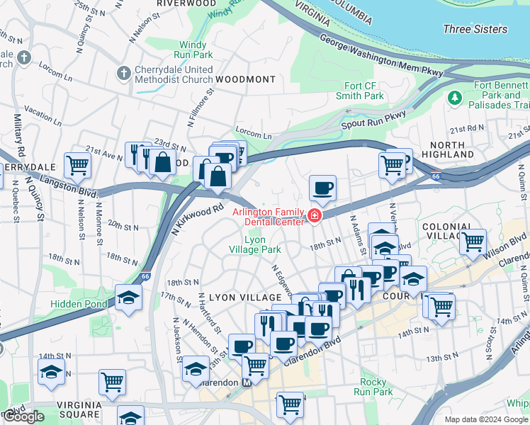 map of restaurants, bars, coffee shops, grocery stores, and more near 2801 Lee Highway in Arlington