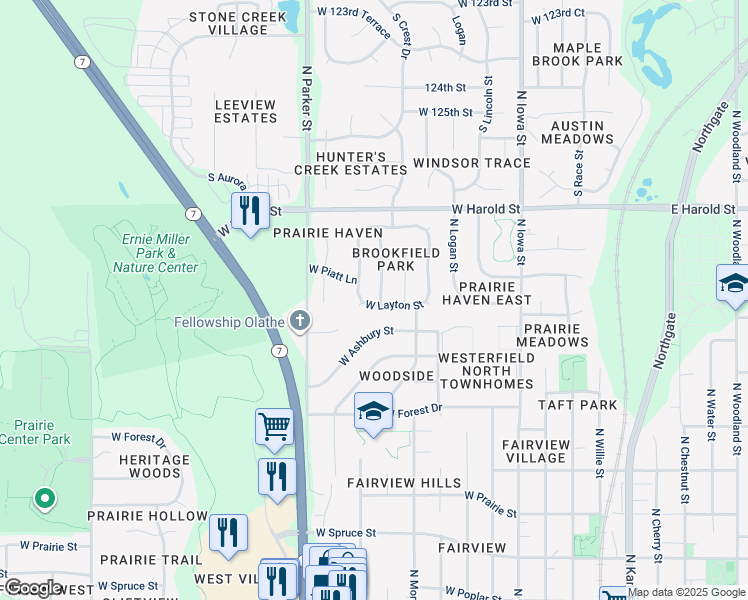 map of restaurants, bars, coffee shops, grocery stores, and more near 920 West Layton Street in Olathe