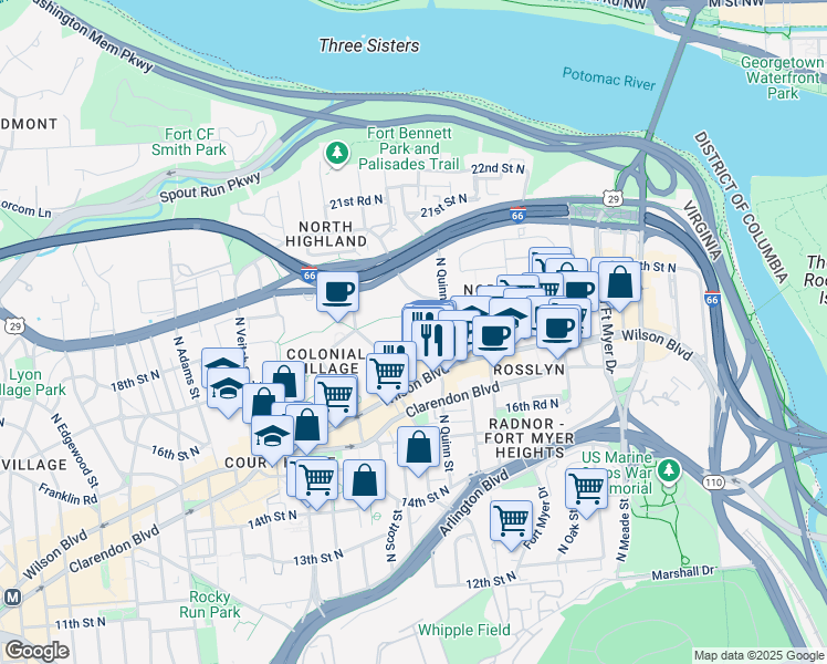 map of restaurants, bars, coffee shops, grocery stores, and more near 1809 Queens Lane in Arlington