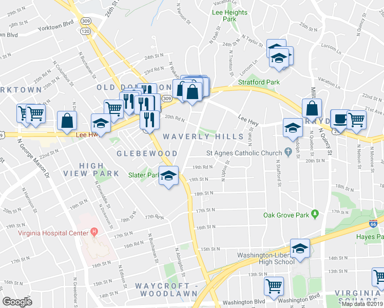 map of restaurants, bars, coffee shops, grocery stores, and more near 4613 20th Street North in Arlington