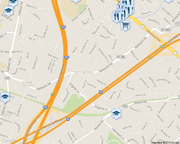 map of restaurants, bars, coffee shops, grocery stores, and more near Idylwood Rd & Hurst St in Idylwood