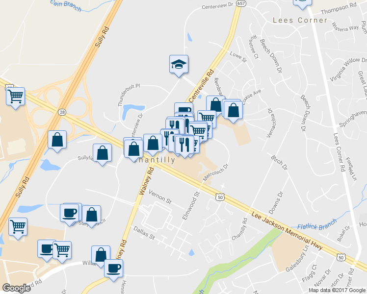 map of restaurants, bars, coffee shops, grocery stores, and more near 13981 Metrotech Drive in Chantilly
