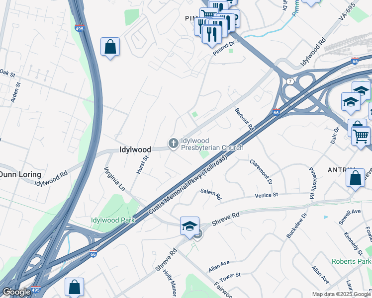 map of restaurants, bars, coffee shops, grocery stores, and more near 7605 Idylwood Road in Falls Church