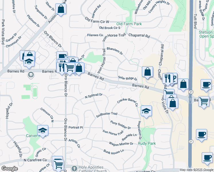 map of restaurants, bars, coffee shops, grocery stores, and more near 5104 Rainbow Harbour Circle in Colorado Springs
