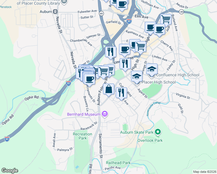 map of restaurants, bars, coffee shops, grocery stores, and more near 1230 High Street in Auburn