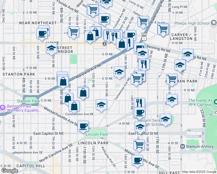 map of restaurants, bars, coffee shops, grocery stores, and more near 101 Independence Avenue Southeast in Washington