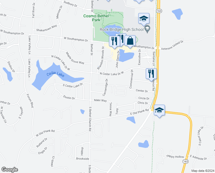 map of restaurants, bars, coffee shops, grocery stores, and more near 5004 Carrieridge Drive in Columbia