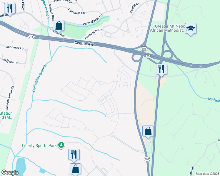 map of restaurants, bars, coffee shops, grocery stores, and more near 11 While Away Drive in Bowie